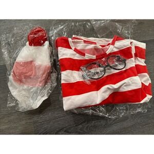 Kid Size 4-6 Where's Waldo Costume Shirt Hat & Glasses